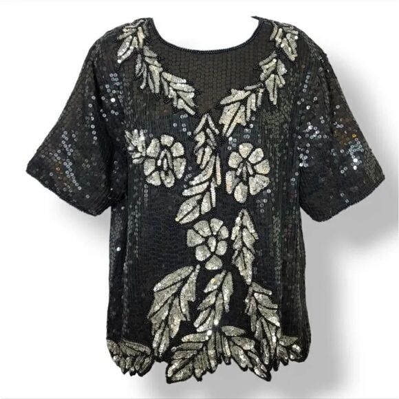 Vintage 80s Jewel Queen 100% Silk Beaded and Sequin Cut Out Hem Evening Top Sz S - Picture 9 of 9